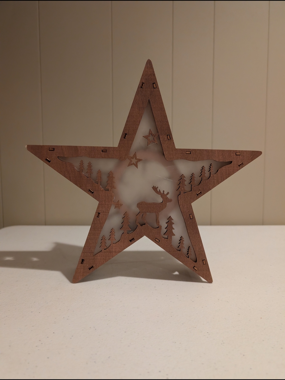 Wooden Star Holiday Accent - Brown Decorative Star with Reindeer